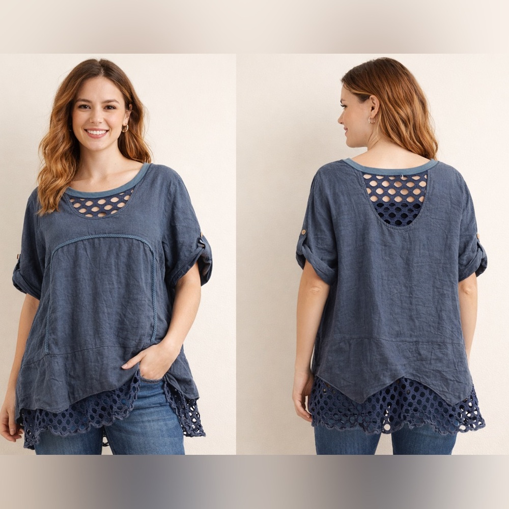 Couleur Lin Blue Linen Net Hem Asymmetric‎ Top Sz. M